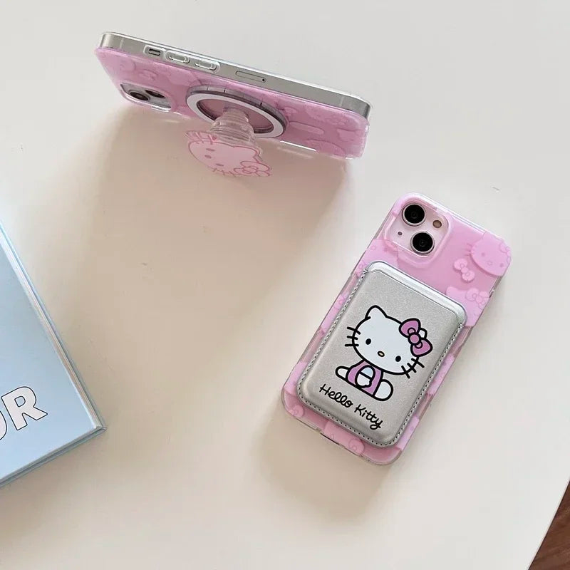 Cute Hello Kitty Magnetic Wallet Bracket Magsafe Wireless Charge Phone Case for Iphone 16 15 14 13 12 11 Pro Max Cover
