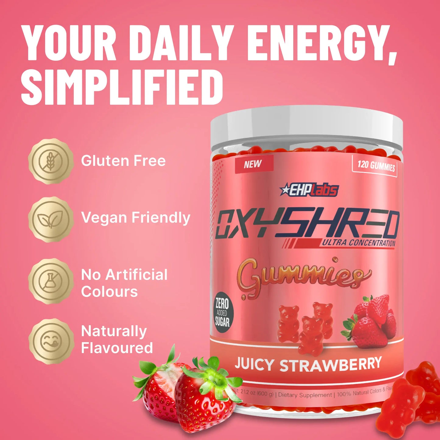 Ehplabs Oxyshred Gummies | 120Ct Juicy Strawberry & Blue Raspberry Pre Workout Gummy Zero Added Sugar L Carnitine & Natural Caffeine on the Go Energy, Edible Preworkout