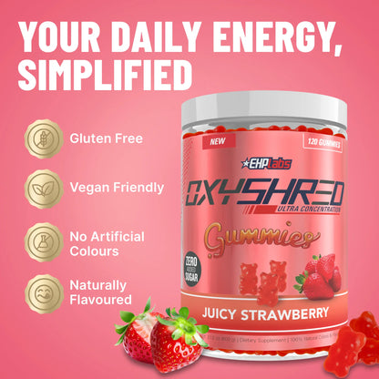 Ehplabs Oxyshred Gummies | 120Ct Juicy Strawberry & Blue Raspberry Pre Workout Gummy Zero Added Sugar L Carnitine & Natural Caffeine on the Go Energy, Edible Preworkout