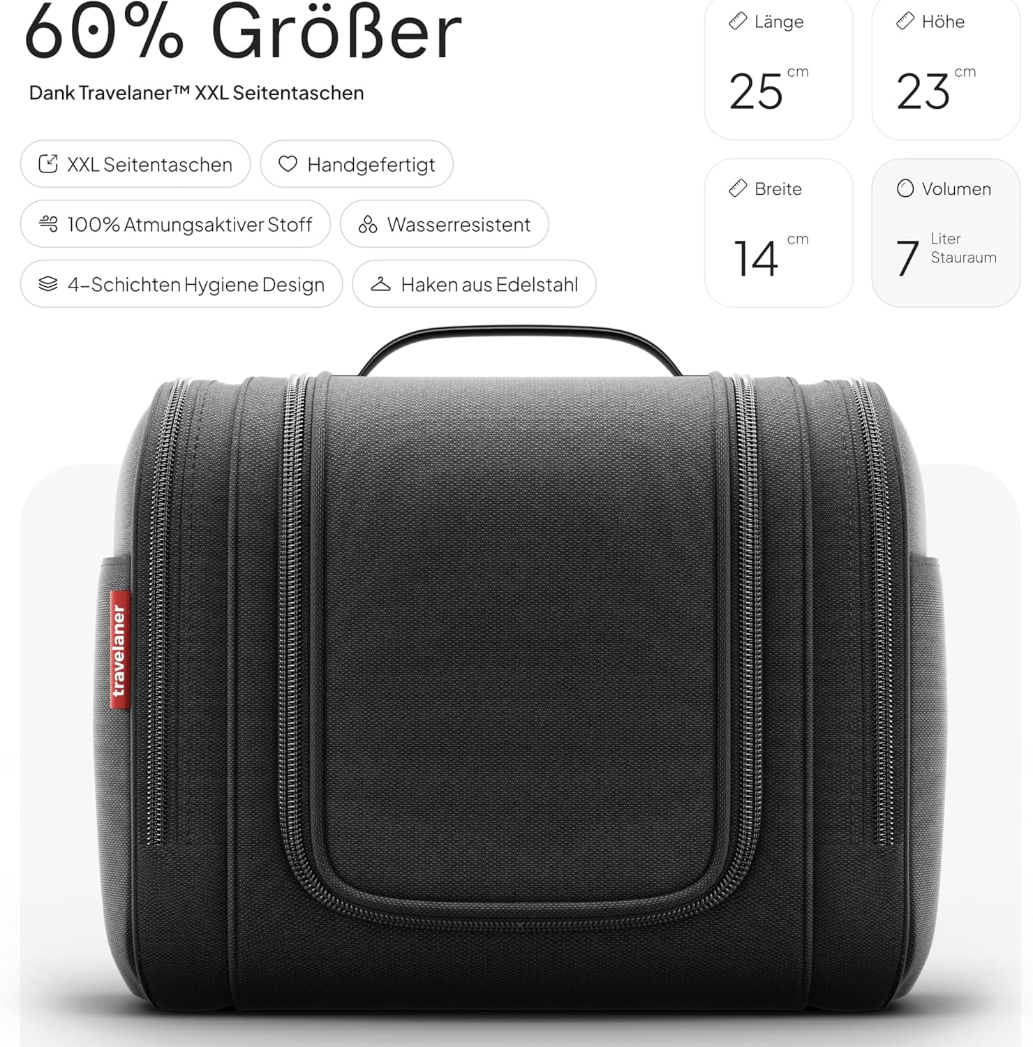 ® Kulturbeutel Design 2026, 3-In-1 Kulturtasche Zum Aufhängen Mit 7 Liter Stauraum Für Damen Und Herren, Kosmetiktasche Für Reise, Große Waschtasche, Waschbeutel, Schwarz Matt