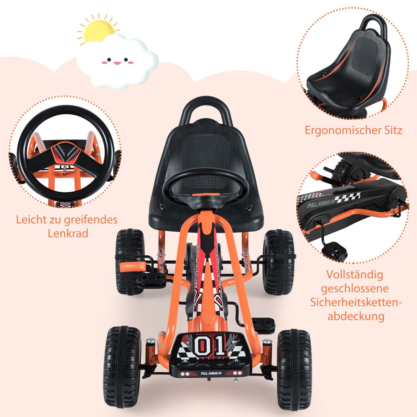 Gokart Mit Verstellbarem Sitz & Handbremse Tretauto Bis 30Kg Belastbar Pedal Go Cart