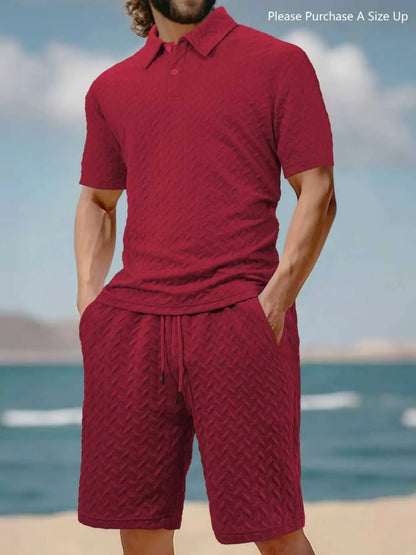 Please Purchase a Size Up. Men'S Solid Polo Shirt & Drawstring Waist Shorts Set, Cozy Breathable Two-Piece Outfits for Daily Outdoor Wear, Men Clothes for Summer.