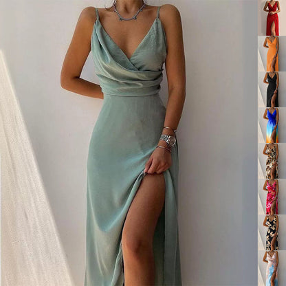 V-Neck Slit Sling Dress Summer Fashion Sexy Slim Suspender Dresses for Women Clothing