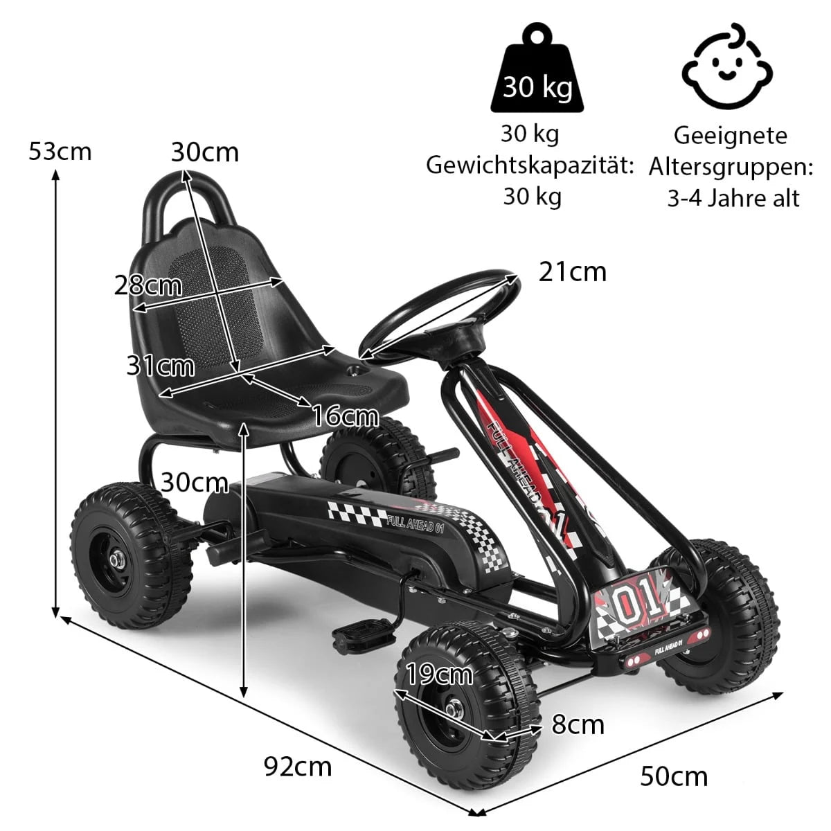Gokart Mit Verstellbarem Sitz & Handbremse Tretauto Bis 30Kg Belastbar Pedal Go Cart