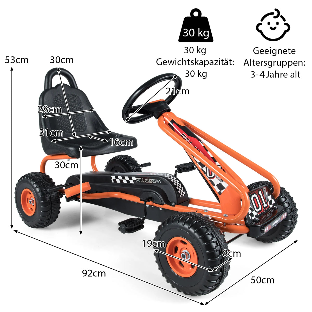 Gokart Mit Verstellbarem Sitz & Handbremse Tretauto Bis 30Kg Belastbar Pedal Go Cart