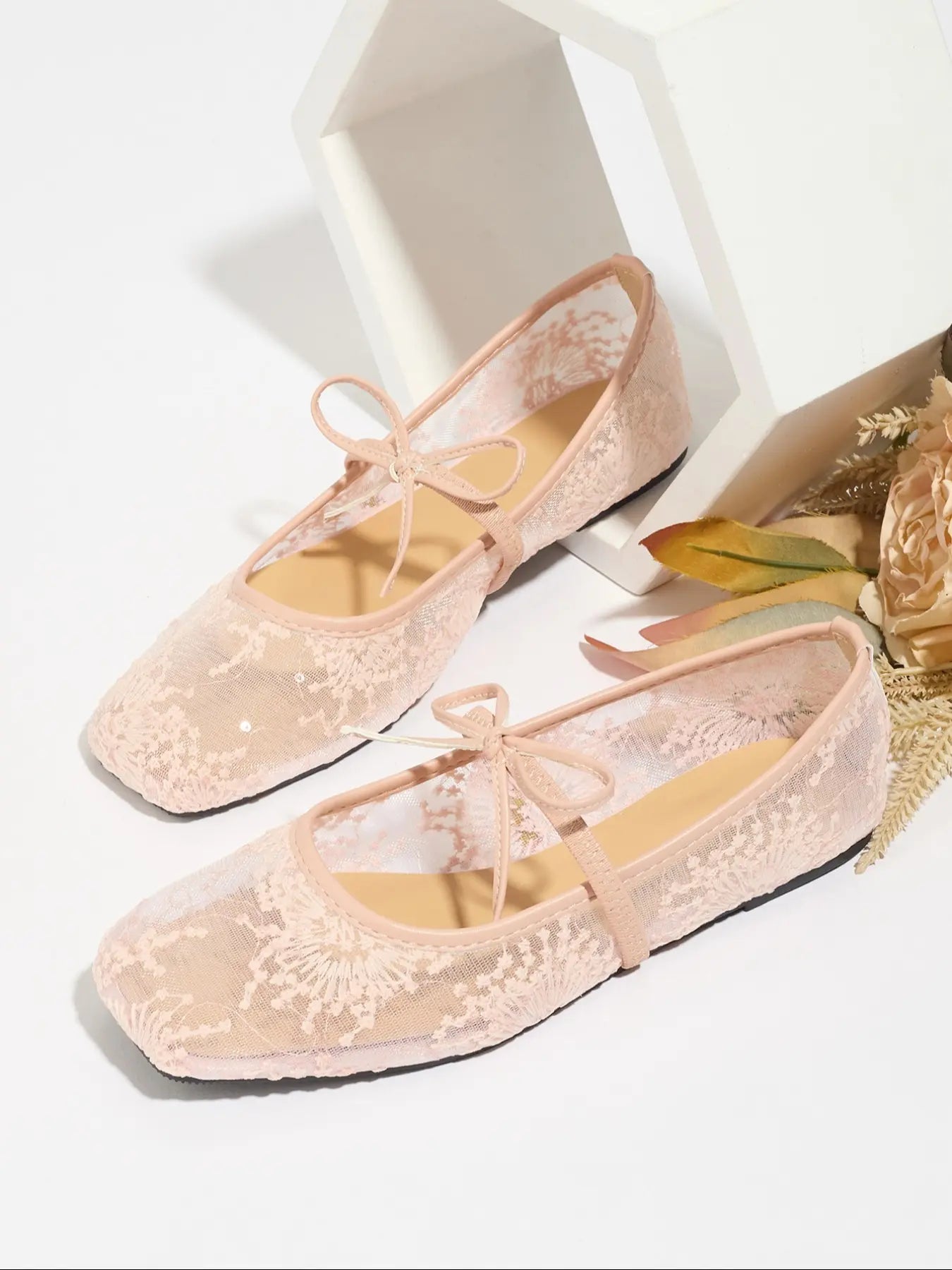 Women'S Embroidered Mesh Netted Ballet Flats, Elegant Square-Toe Flat Shoes for Parties and Daily Wear, Lightweight Breathable Comfortable Footwear for Women & Girls, Ballerina Flats Shoes