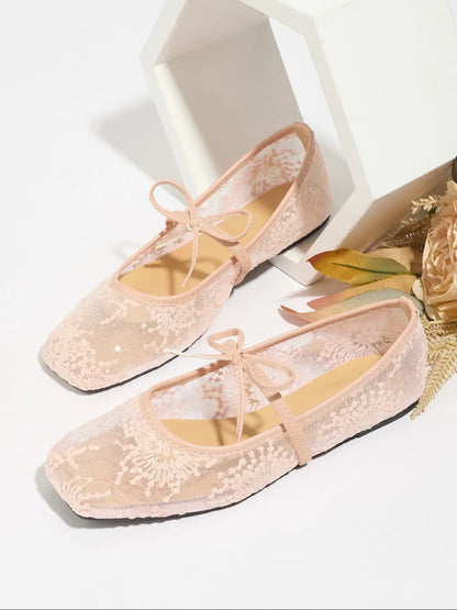Women'S Embroidered Mesh Netted Ballet Flats, Elegant Square-Toe Flat Shoes for Parties and Daily Wear, Lightweight Breathable Comfortable Footwear for Women & Girls, Ballerina Flats Shoes