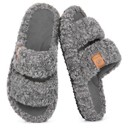Everfoams Women'S Fuzzy Open-Toe Slippers – Stylish Classic Slides with Soft Memory Foam, Non-Slip Rubber Sole, Perfect Cozy Footwear ,Girl Fur Flipflop Walking Shoes Fluffy Modern Sleeper Slip on Clog, Gifts for Mom, Summervibes, Mother'S Day Gift