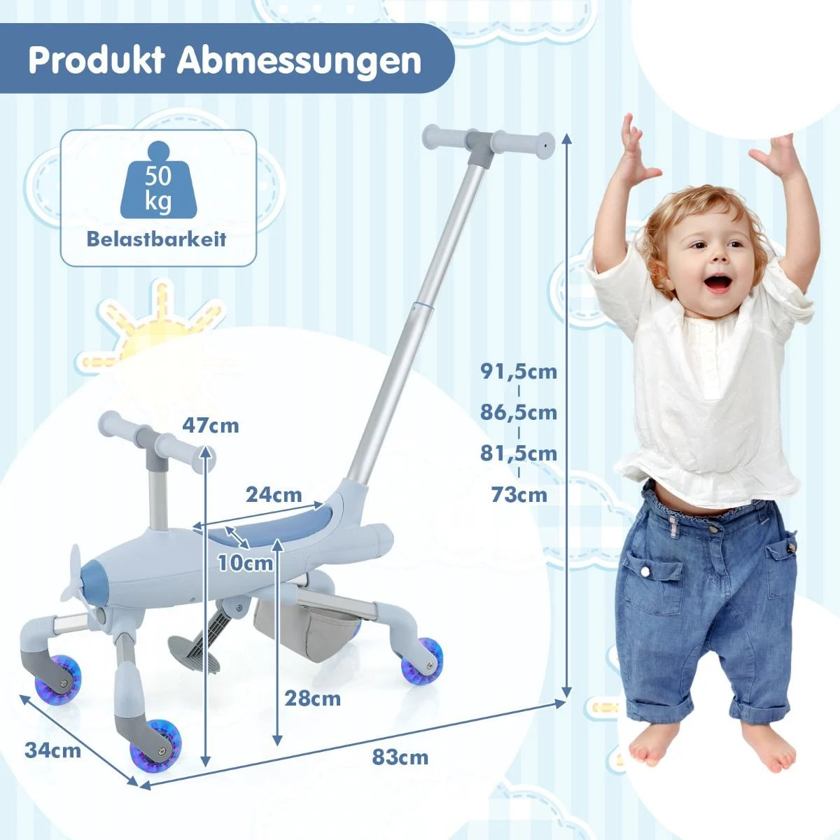 2-In-1-Rutschauto Für Kinder Schiebewagen Im Flugzeugmotiv Mit Led-Beleuchteten Rädern Bis Zu 50Kg Tragbar Blau/Rosa