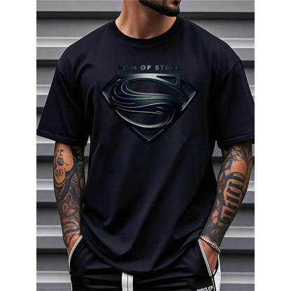 Justice League Men'S plus Size Casual Crew Neck T-Shirt Man of Steel Graphic Print Short Sleeve Ideal for Spring/Summer Everyday Tshirt | Playful Text Design | Comfortable Fit SIZE plus Size M-5XL