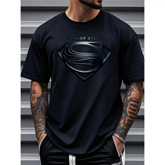 Justice League Men'S plus Size Casual Crew Neck T-Shirt Man of Steel Graphic Print Short Sleeve Ideal for Spring/Summer Everyday Tshirt | Playful Text Design | Comfortable Fit SIZE plus Size M-5XL