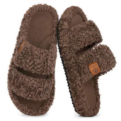 Everfoams Women'S Fuzzy Open-Toe Slippers – Stylish Classic Slides with Soft Memory Foam, Non-Slip Rubber Sole, Perfect Cozy Footwear ,Girl Fur Flipflop Walking Shoes Fluffy Modern Sleeper Slip on Clog, Gifts for Mom, Summervibes, Mother'S Day Gift