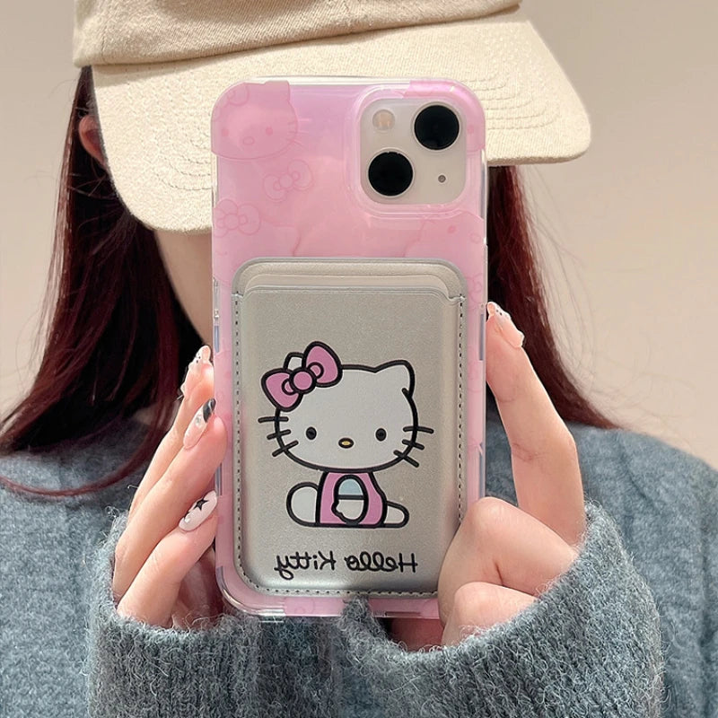 Cute  Hello Kitty Magnetic Wallet Bracket Magsafe Wireless Charge Phone Case for Iphone 16 15 14 13 12 11 Pro Max Cover