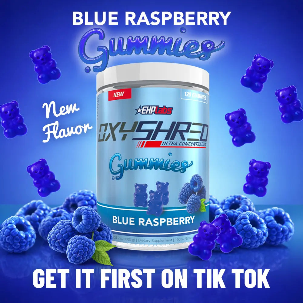 Ehplabs Oxyshred Gummies | 120Ct Juicy Strawberry & Blue Raspberry Pre Workout Gummy Zero Added Sugar L Carnitine & Natural Caffeine on the Go Energy, Edible Preworkout