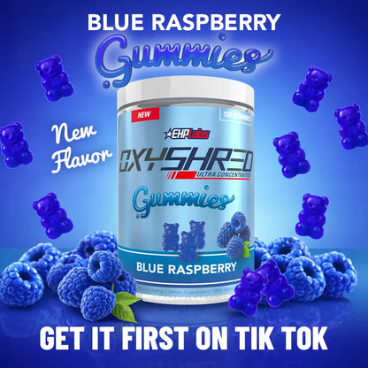 Ehplabs Oxyshred Gummies | 120Ct Juicy Strawberry & Blue Raspberry Pre Workout Gummy Zero Added Sugar L Carnitine & Natural Caffeine on the Go Energy, Edible Preworkout