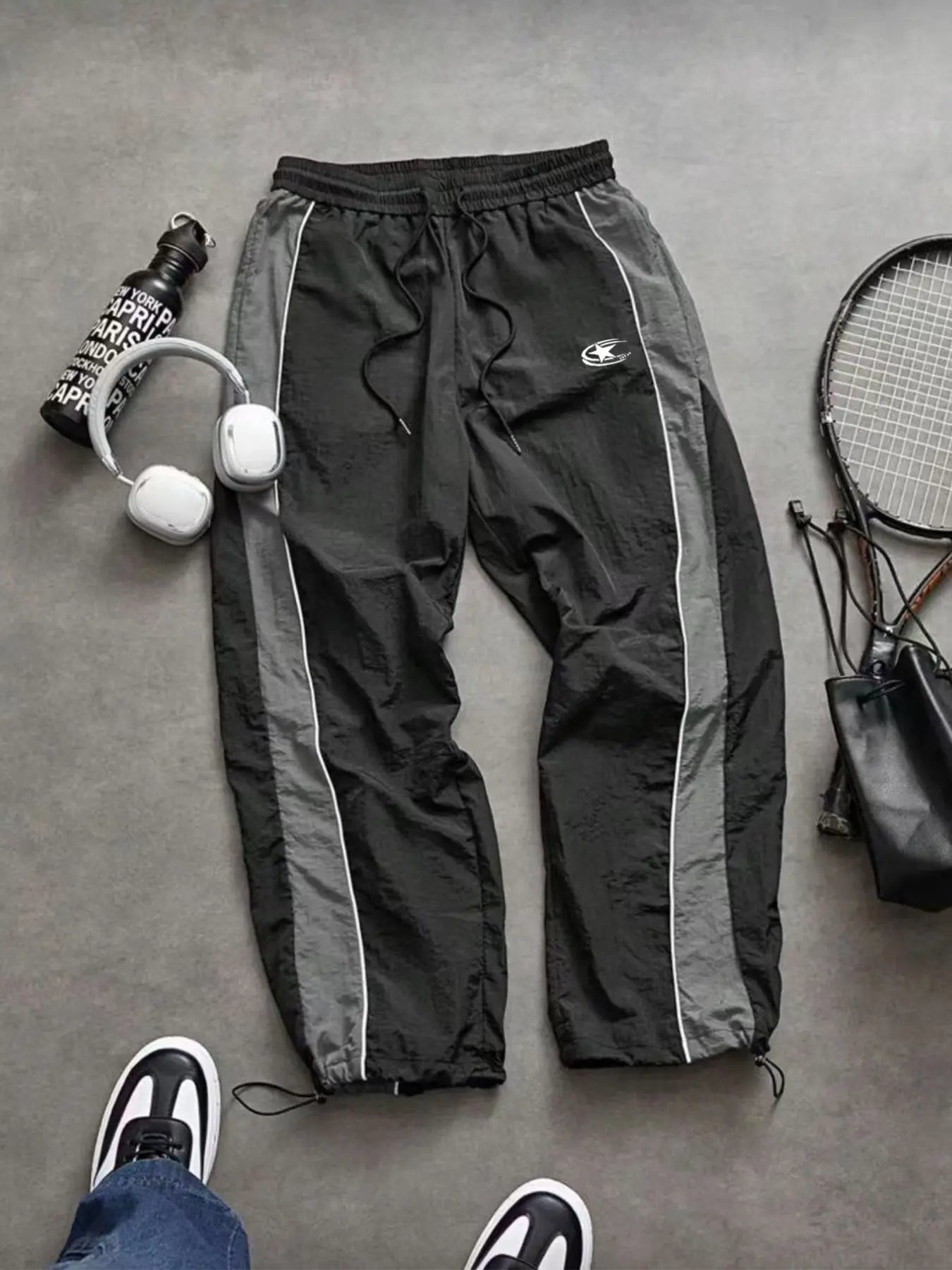 Men'S Casual Sporty Long Pants, Athleisure Pants, Loose Fit Elastic Cuff, Fashionable Print, Lightweight Fabric, Perfect for Daily Wear