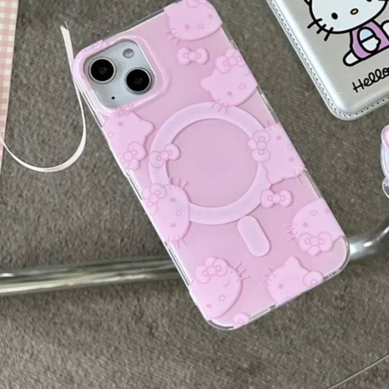 Cute  Hello Kitty Magnetic Wallet Bracket Magsafe Wireless Charge Phone Case for Iphone 16 15 14 13 12 11 Pro Max Cover