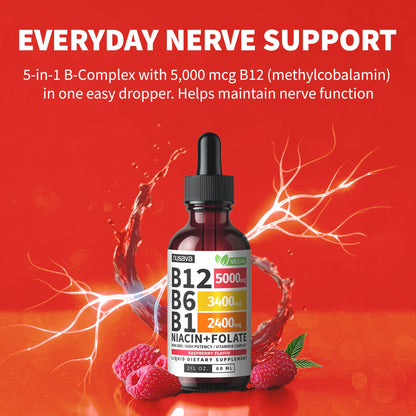 (2-PACK) Vitamin B12 Liquid Supplement Drops with B6, B1, Niacin & Folate - Edible Support for Energy, Brain & Heart, Non-Gmo & Gluten-Free, 4 Fl Oz Fitness Dietary