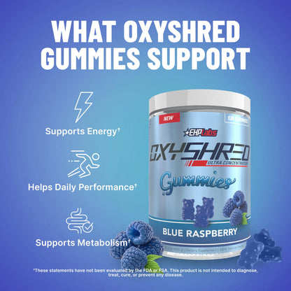 Ehplabs Oxyshred Gummies | 120Ct Juicy Strawberry & Blue Raspberry Pre Workout Gummy Zero Added Sugar L Carnitine & Natural Caffeine on the Go Energy, Edible Preworkout