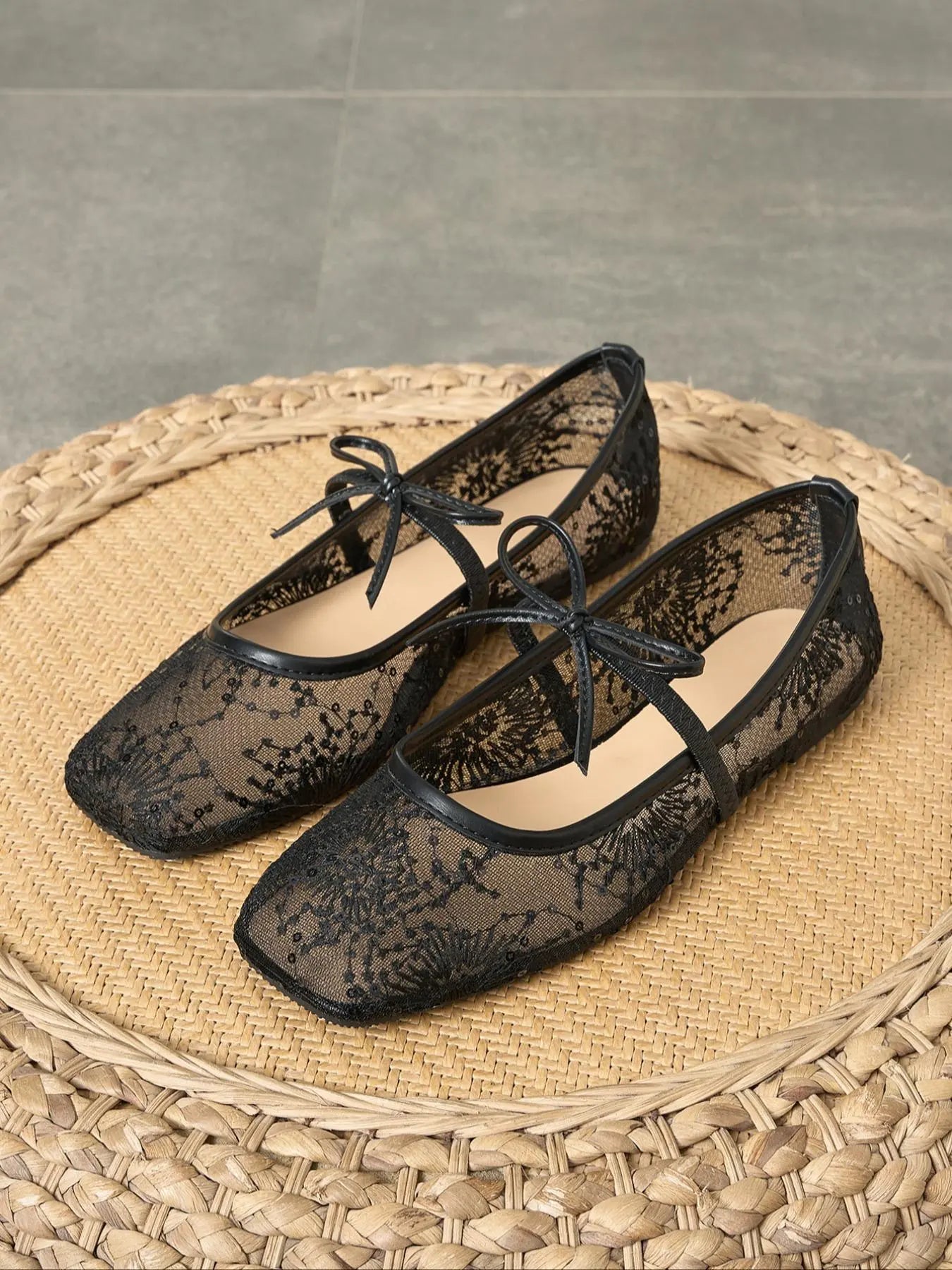 Women'S Embroidered Mesh Netted Ballet Flats, Elegant Square-Toe Flat Shoes for Parties and Daily Wear, Lightweight Breathable Comfortable Footwear for Women & Girls, Ballerina Flats Shoes