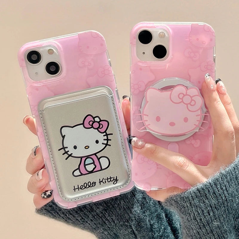 Cute  Hello Kitty Magnetic Wallet Bracket Magsafe Wireless Charge Phone Case for Iphone 16 15 14 13 12 11 Pro Max Cover