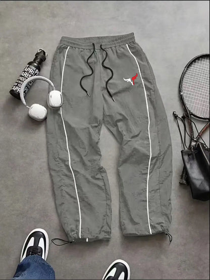 Men'S Casual Sporty Long Pants, Athleisure Pants, Loose Fit Elastic Cuff, Fashionable Print, Lightweight Fabric, Perfect for Daily Wear