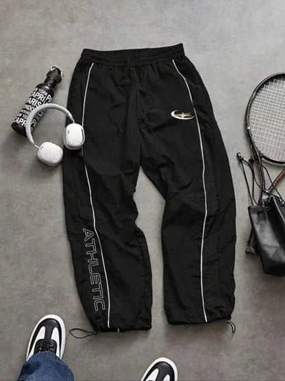 Men'S Casual Sporty Long Pants, Athleisure Pants, Loose Fit Elastic Cuff, Fashionable Print, Lightweight Fabric, Perfect for Daily Wear