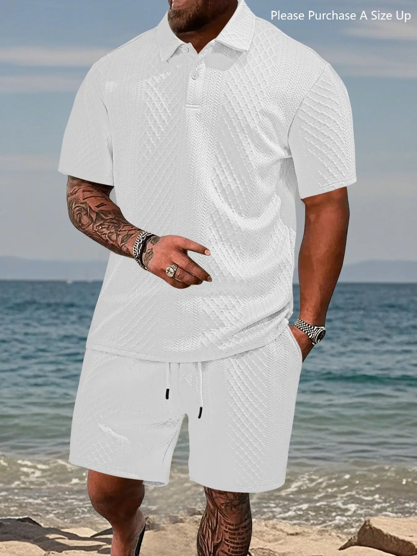 Please Purchase a Size Up. Men'S Solid Polo Shirt & Drawstring Waist Shorts Set, Cozy Breathable Two-Piece Outfits for Daily Outdoor Wear, Men Clothes for Summer.