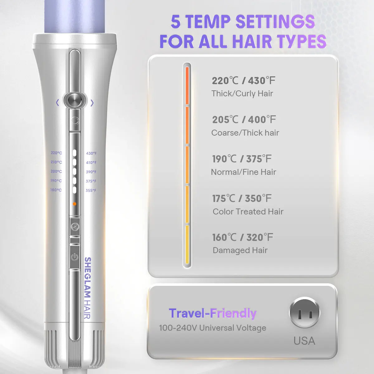 SHEGLAM HAIR One Touch Airflow Styler Pro-Silver Purple, Cool Air Auto Rotating Curling Iron, 5 Min Quick Styling, 360° Cooling Airflow, One Touch, Long Lasting, 5 Temps, anti Scald, Auto Off, All Hair Types, US Plug-Coachella-#Summervibes-Mothersdaygift