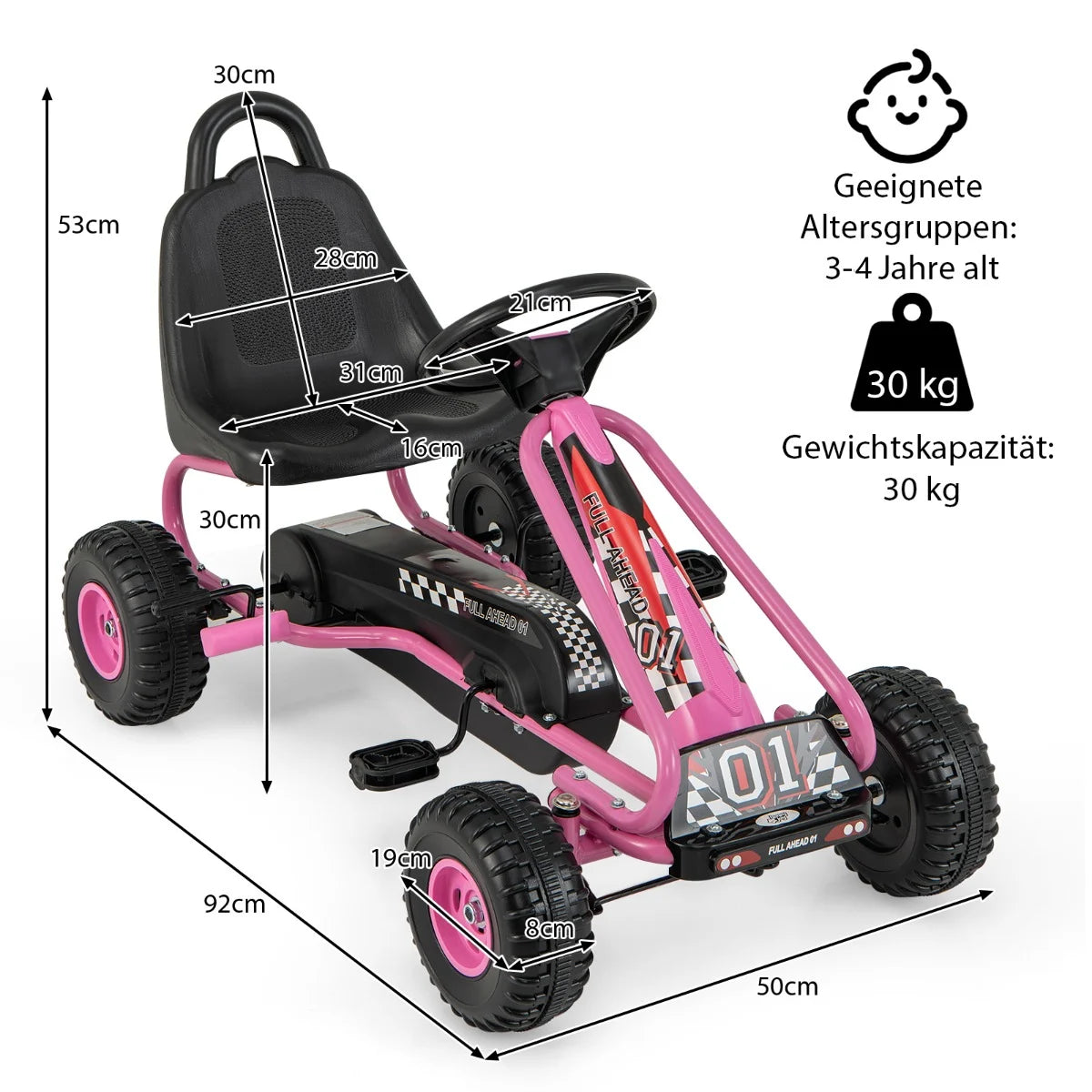 Gokart Mit Verstellbarem Sitz & Handbremse Tretauto Bis 30Kg Belastbar Pedal Go Cart