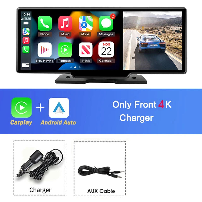 10.26" Car DVR Carplay Android Auto Dashcam 4K 3840*2160 Front and 1080P Rear Camera Voice Control GPS Wifi Recorder Dual Lens