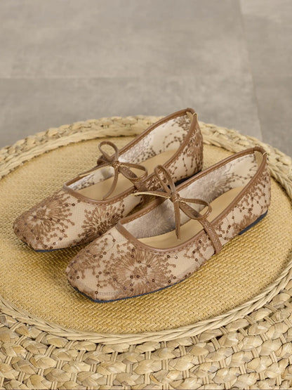 Women'S Embroidered Mesh Netted Ballet Flats, Elegant Square-Toe Flat Shoes for Parties and Daily Wear, Lightweight Breathable Comfortable Footwear for Women & Girls, Ballerina Flats Shoes