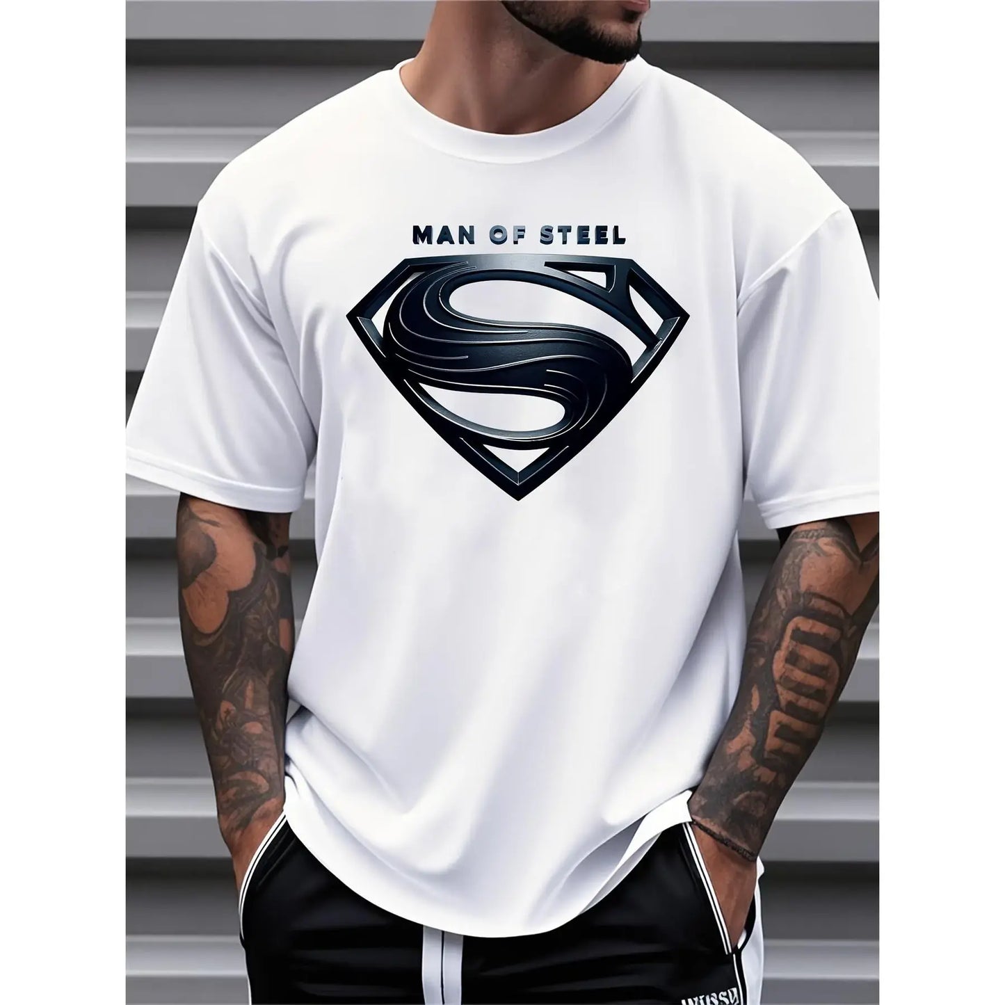 Justice League Men'S plus Size Casual Crew Neck T-Shirt Man of Steel Graphic Print Short Sleeve Ideal for Spring/Summer Everyday Tshirt | Playful Text Design | Comfortable Fit SIZE plus Size M-5XL