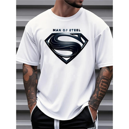 Justice League Men'S plus Size Casual Crew Neck T-Shirt Man of Steel Graphic Print Short Sleeve Ideal for Spring/Summer Everyday Tshirt | Playful Text Design | Comfortable Fit SIZE plus Size M-5XL