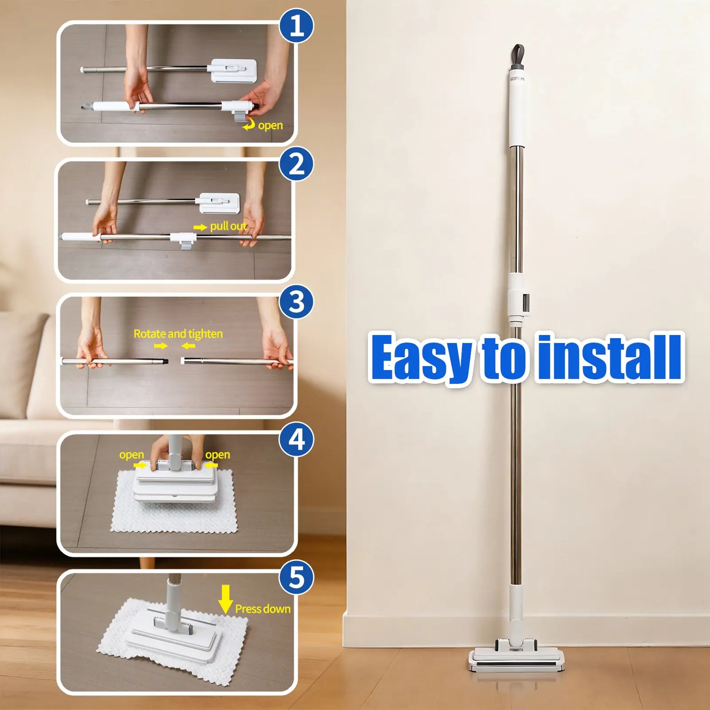 SOPAMI Disposable Dust Mop, Hands-Free Wet Dry Floor Cleaning Mop, Lazy Household Floor Cleaner with Replaceable Non-Woven Cleaning Pads for Home Hardwood Floors, Tile Floors