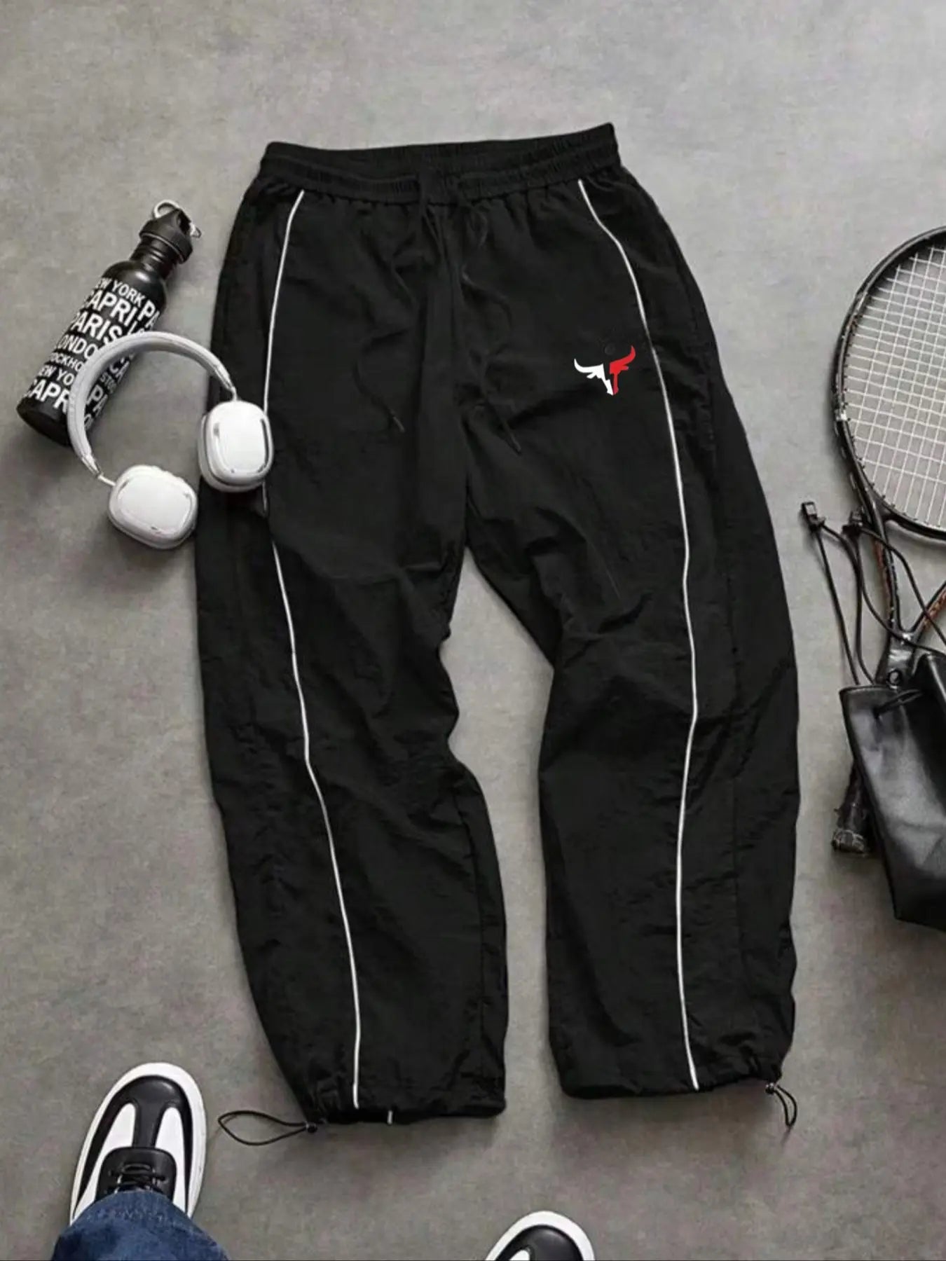 Men'S Casual Sporty Long Pants, Athleisure Pants, Loose Fit Elastic Cuff, Fashionable Print, Lightweight Fabric, Perfect for Daily Wear