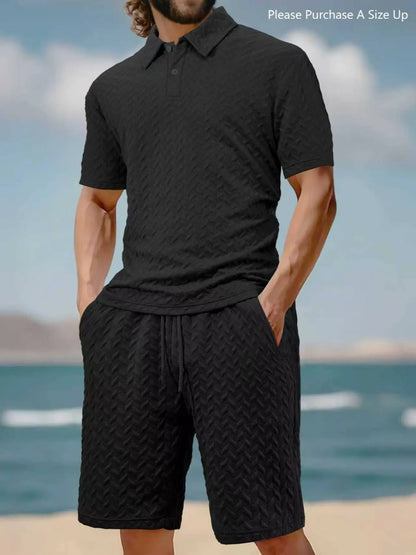 Please Purchase a Size Up. Men'S Solid Polo Shirt & Drawstring Waist Shorts Set, Cozy Breathable Two-Piece Outfits for Daily Outdoor Wear, Men Clothes for Summer.