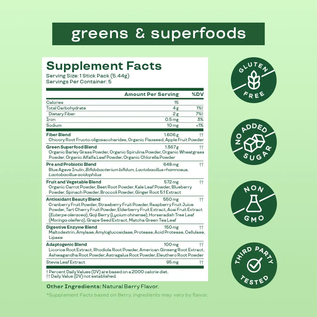 Bloom Nutrition Greens & Superfoods Powder (5 Sticks)- Digestion, Gut Health, Bloating Relief, Spirulina & Chlorella with Probiotics & Antioxidants, Travel Size