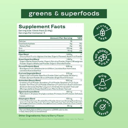 Bloom Nutrition Greens & Superfoods Powder (5 Sticks)- Digestion, Gut Health, Bloating Relief, Spirulina & Chlorella with Probiotics & Antioxidants, Travel Size