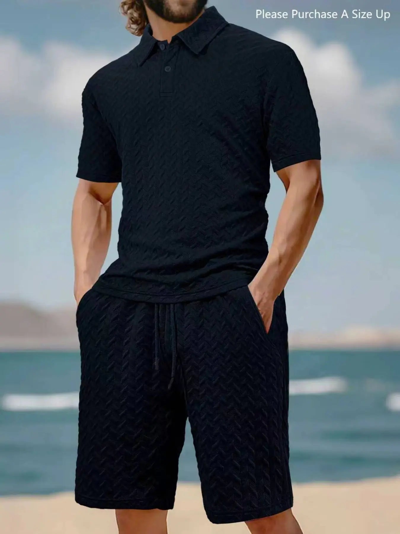 Please Purchase a Size Up. Men'S Solid Polo Shirt & Drawstring Waist Shorts Set, Cozy Breathable Two-Piece Outfits for Daily Outdoor Wear, Men Clothes for Summer.