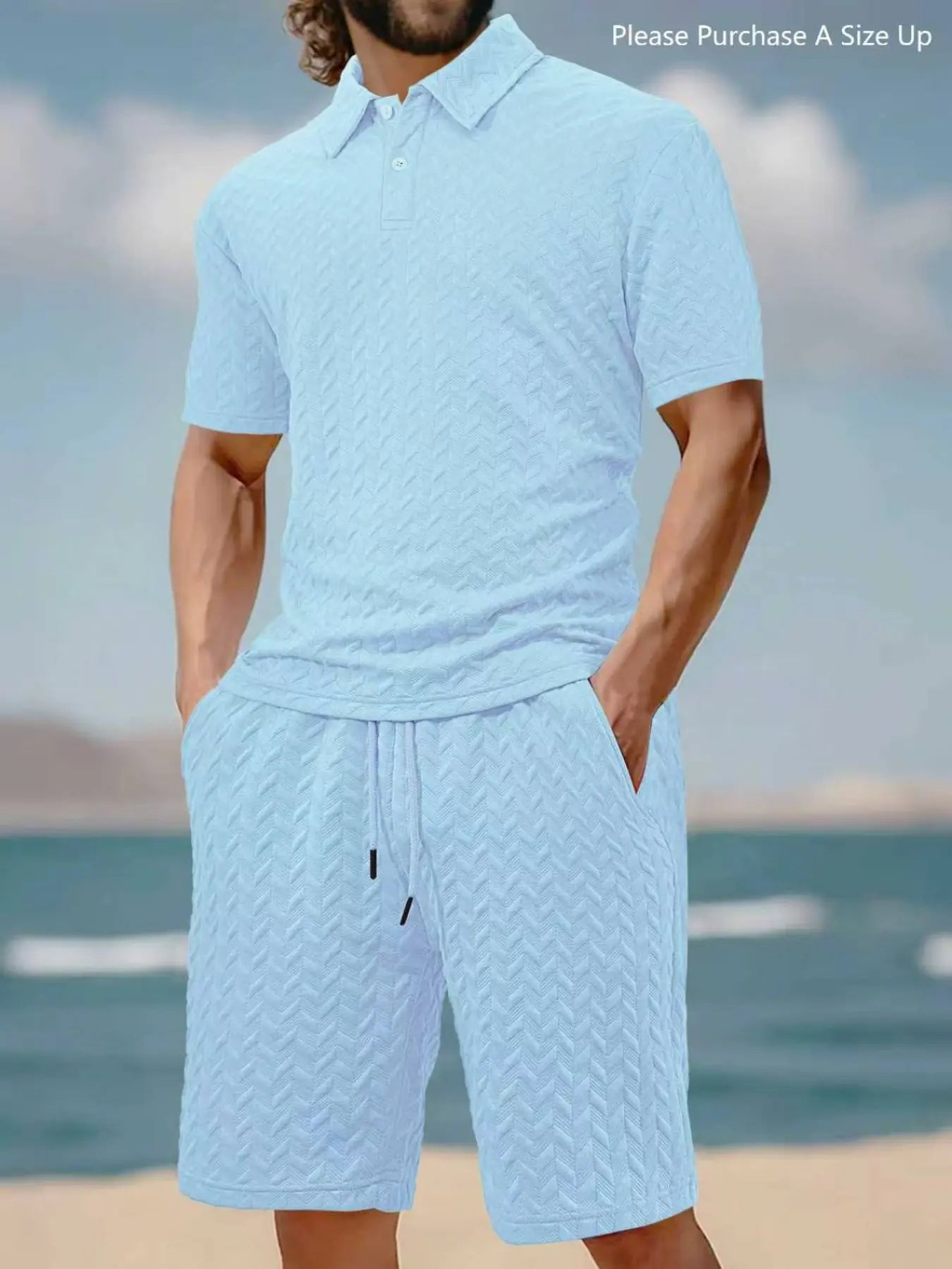 Please Purchase a Size Up. Men'S Solid Polo Shirt & Drawstring Waist Shorts Set, Cozy Breathable Two-Piece Outfits for Daily Outdoor Wear, Men Clothes for Summer.