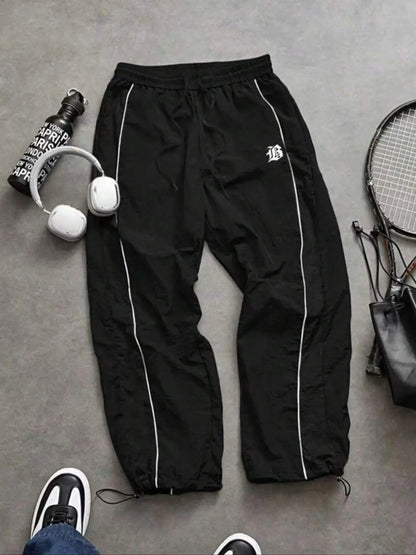 Men'S Casual Sporty Long Pants, Athleisure Pants, Loose Fit Elastic Cuff, Fashionable Print, Lightweight Fabric, Perfect for Daily Wear
