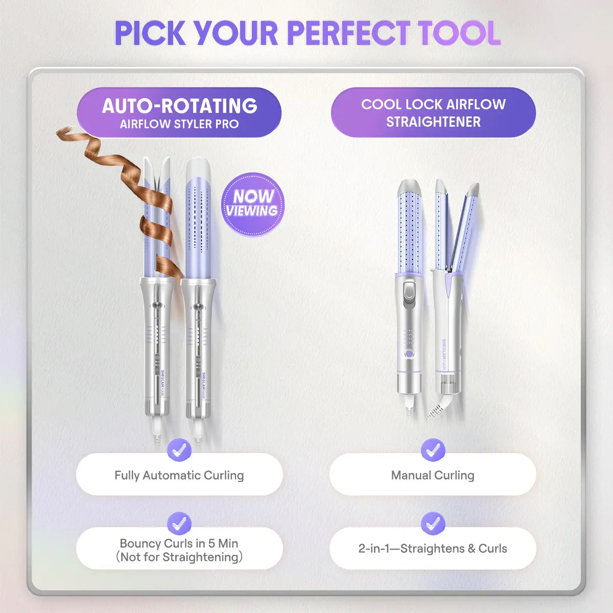 SHEGLAM HAIR One Touch Airflow Styler Pro-Silver Purple, Cool Air Auto Rotating Curling Iron, 5 Min Quick Styling, 360° Cooling Airflow, One Touch, Long Lasting, 5 Temps, anti Scald, Auto Off, All Hair Types, US Plug-Coachella-#Summervibes-Mothersdaygift