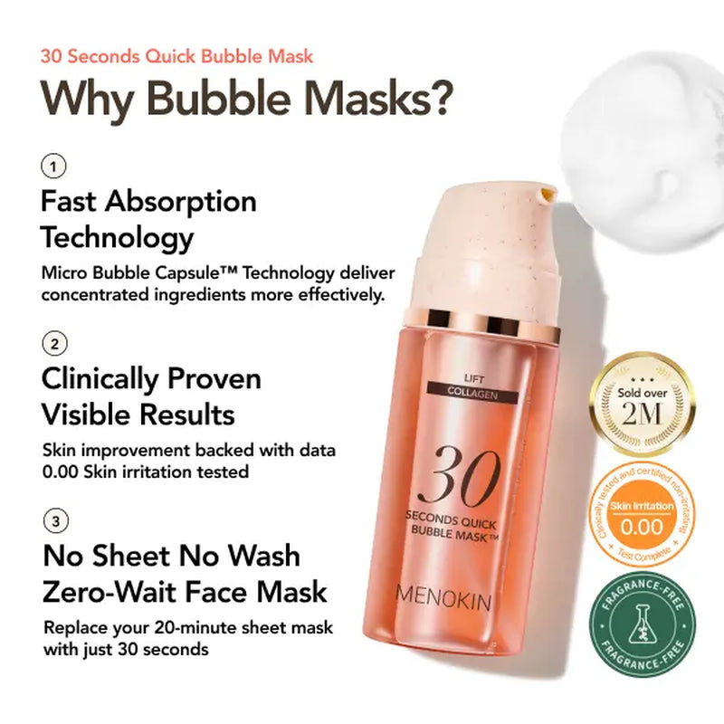 [MENOKIN] 30 Seconds Micro-Bubble Mask, Korean Glass Skin Care Essential, 70 Uses, 3.21 Fl.Oz, Turkey Neck, Zempic Neck, Tech Neck, Smoker Lines, Smile Lines, 11 Lines, Under-Eye Hollows, Forehead Lines, Micro-Bubble Primer
