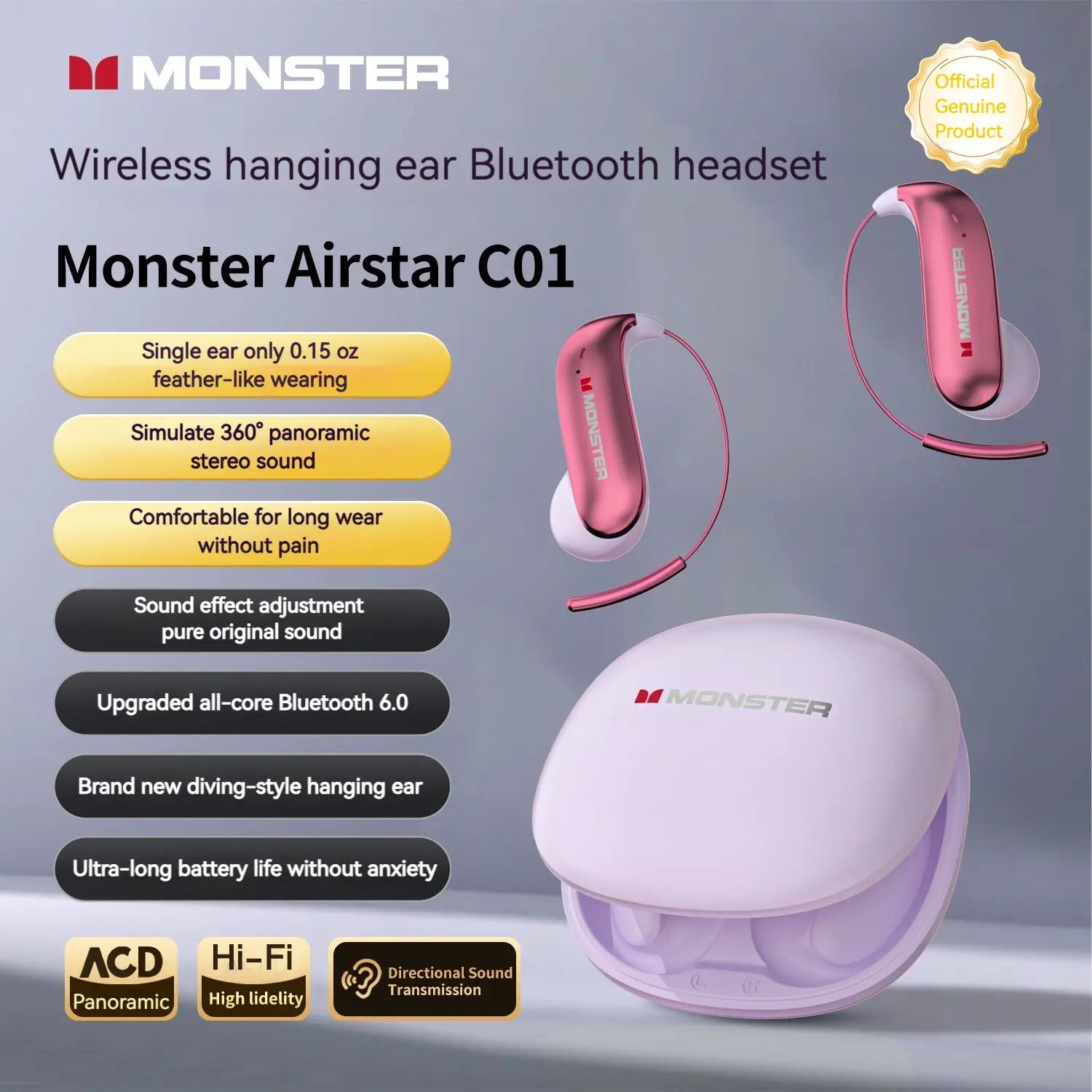 Monster Ear Buds - Bluetooth Headphones with Zero‑Gravity Titanium Ear‑Hook Design, Noise Isolation, 145H Playtime Wireless Earbuds Headset Bluetooth 6.0,Waterproof & Sweatproof, Ideal for Travel & Electronic Gifts for Men and Women