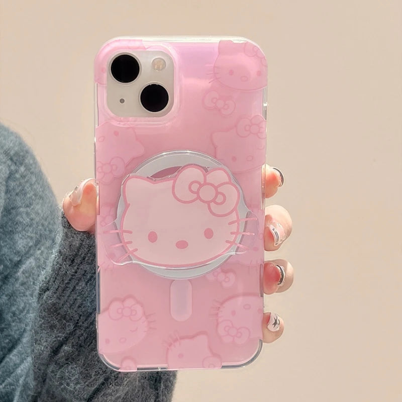Cute  Hello Kitty Magnetic Wallet Bracket Magsafe Wireless Charge Phone Case for Iphone 16 15 14 13 12 11 Pro Max Cover