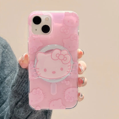 Cute  Hello Kitty Magnetic Wallet Bracket Magsafe Wireless Charge Phone Case for Iphone 16 15 14 13 12 11 Pro Max Cover