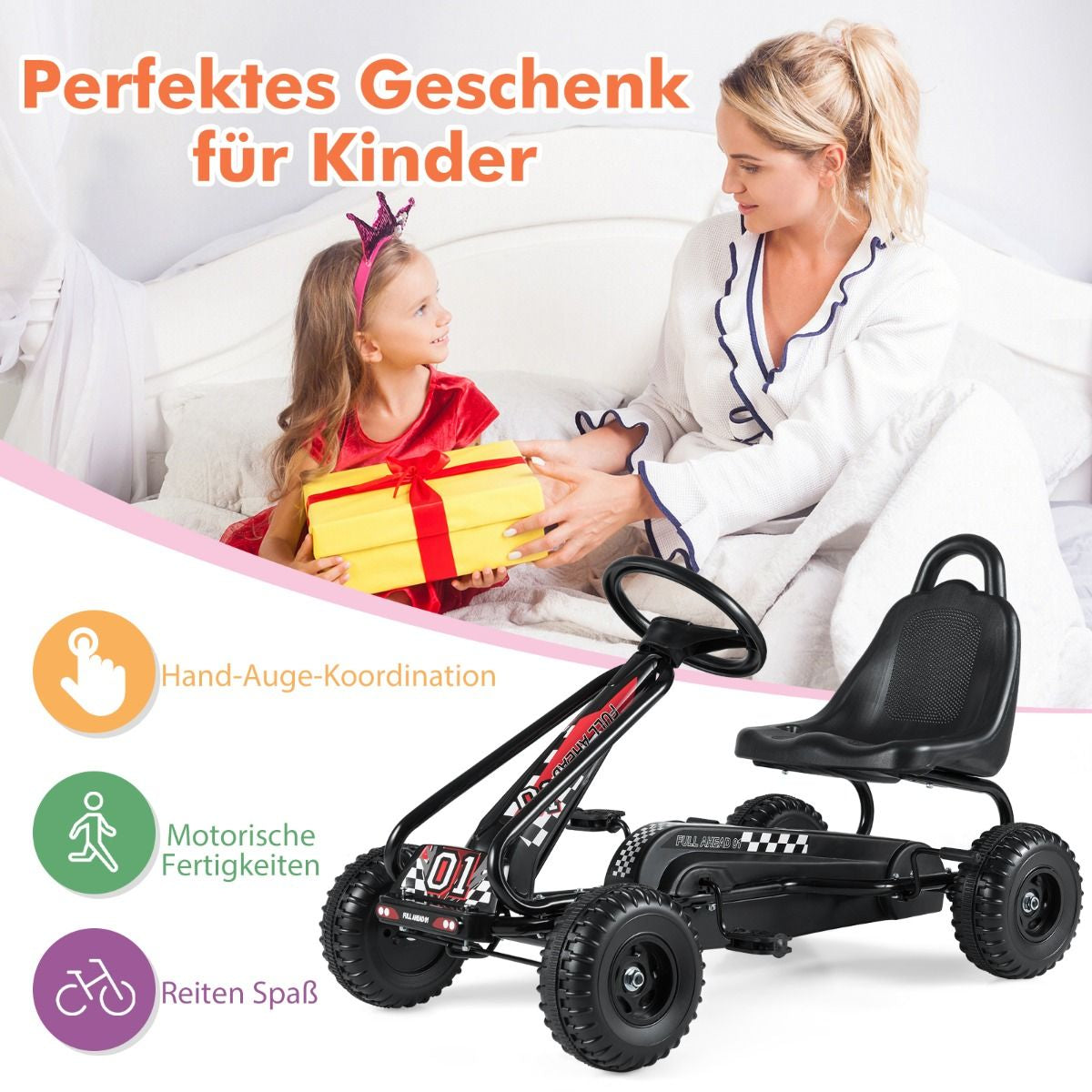Gokart Mit Verstellbarem Sitz & Handbremse Tretauto Bis 30Kg Belastbar Pedal Go Cart