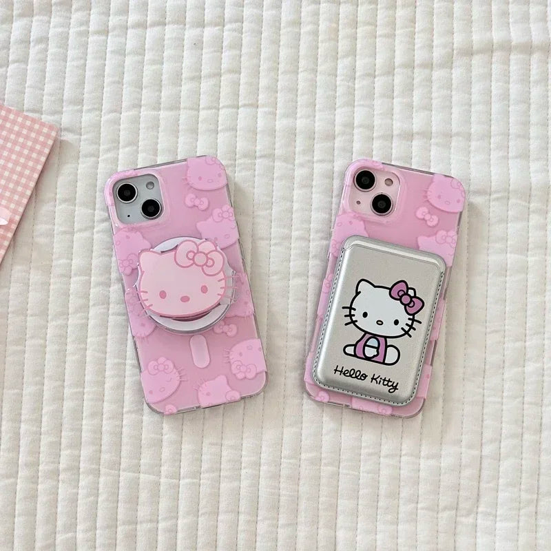 Cute  Hello Kitty Magnetic Wallet Bracket Magsafe Wireless Charge Phone Case for Iphone 16 15 14 13 12 11 Pro Max Cover