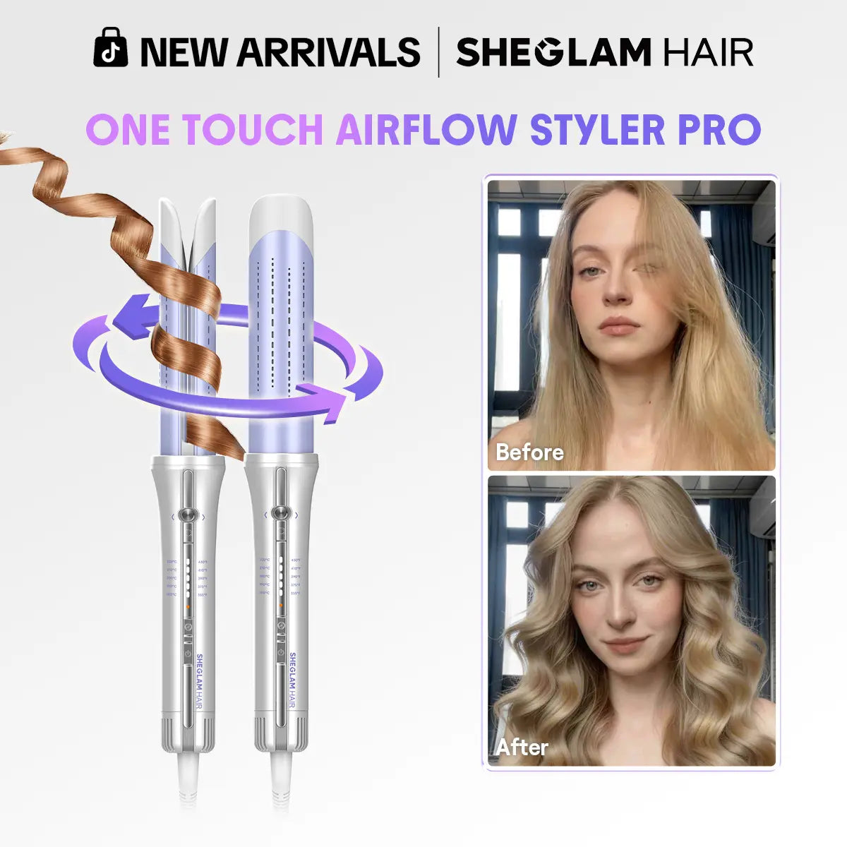 SHEGLAM HAIR One Touch Airflow Styler Pro-Silver Purple, Cool Air Auto Rotating Curling Iron, 5 Min Quick Styling, 360° Cooling Airflow, One Touch, Long Lasting, 5 Temps, anti Scald, Auto Off, All Hair Types, US Plug-Coachella-#Summervibes-Mothersdaygift